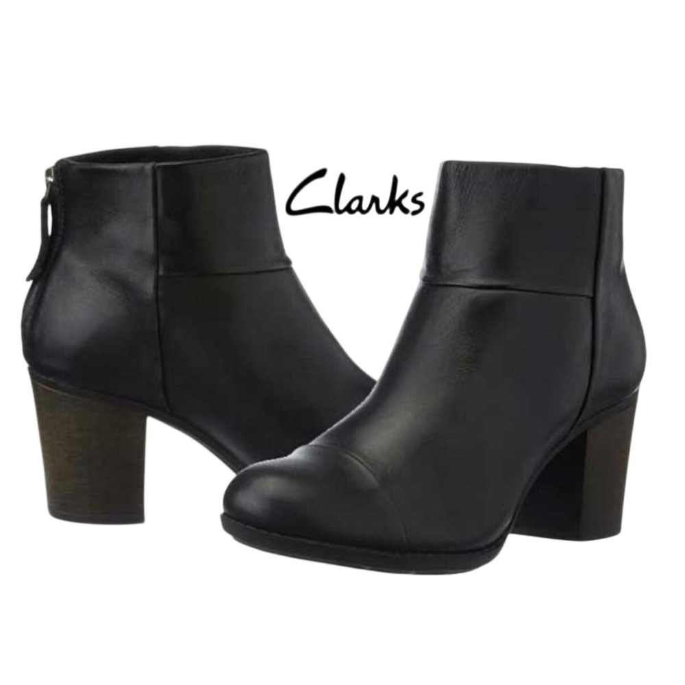 CLARKS Enfield Tess Leather Ankle Boot Bootie Size 8 Black Chunky Heel Back Zip